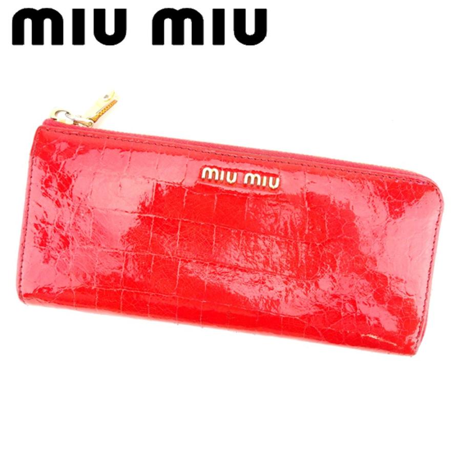 miu miu ミュウミュウ 長財布 レザー 赤 ゴールドロゴ ラウンドジップ 