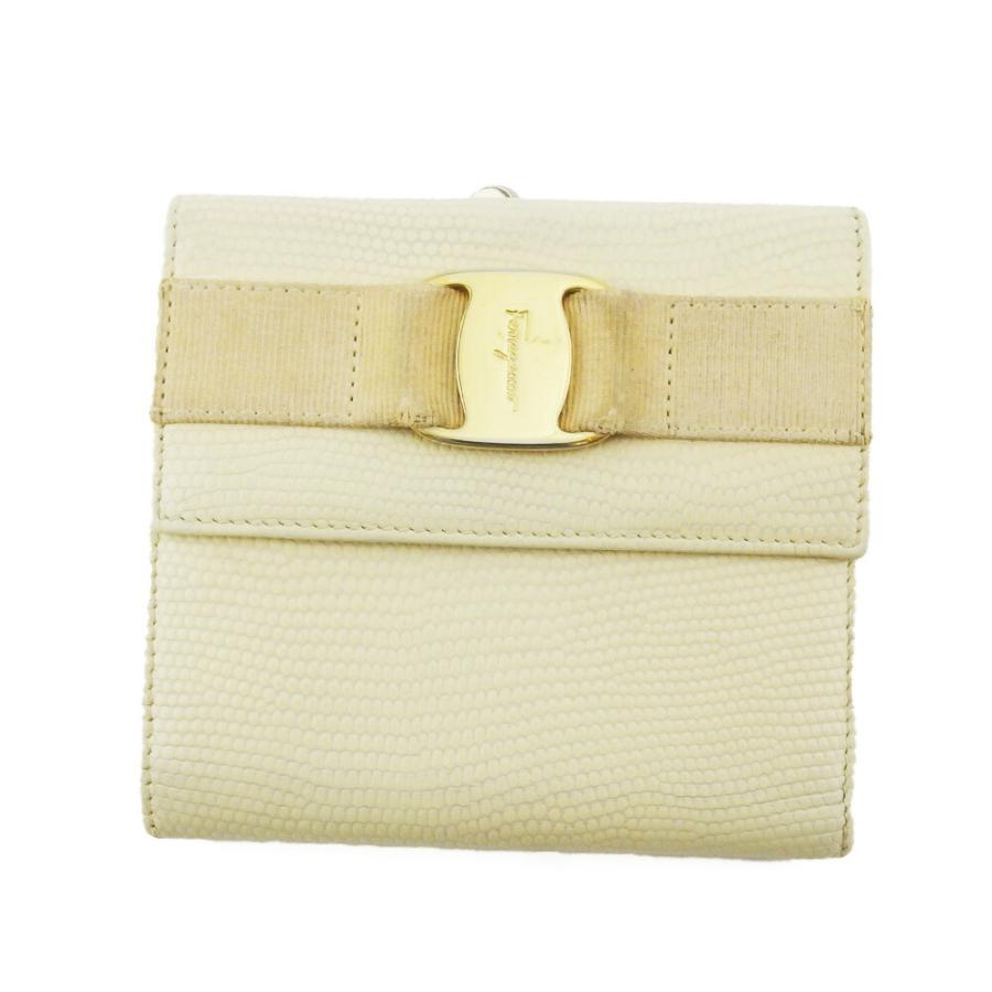 サルヴァトーレ フェラガモ がま口 財布 三つ折り ミニ財布 レディース リザード調 ヴァラ ホワイト 白 ベージュ ゴールド 中古