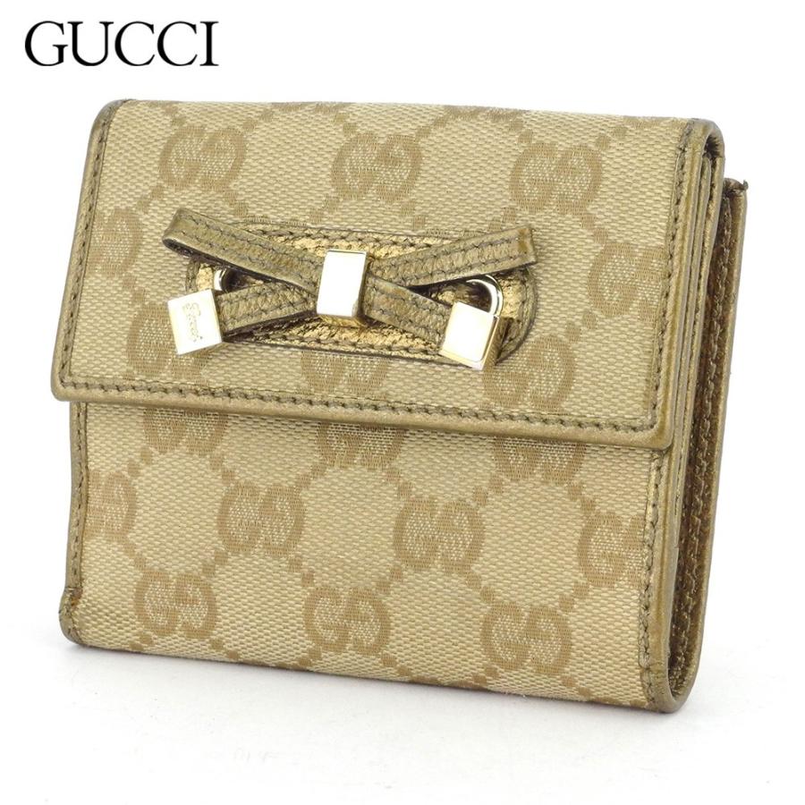 【GWタイムSALE★30％OFF】グッチ Wホック財布 二つ折り 財布 レディース GG柄 ベージュ ゴールド 中古