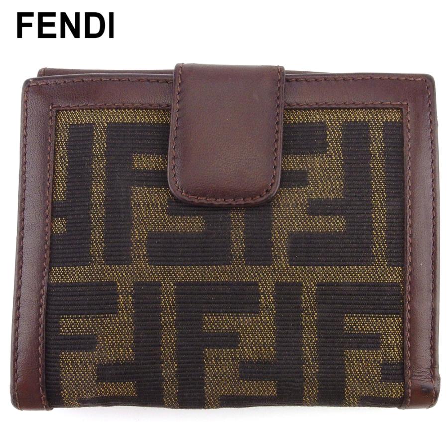 【週末タイムSALE★30％OFF】フェンディ Wホック 財布 二つ折り ミニ財布 レディース メンズ ズッカ ブラウン ブラック ベージュ 中古