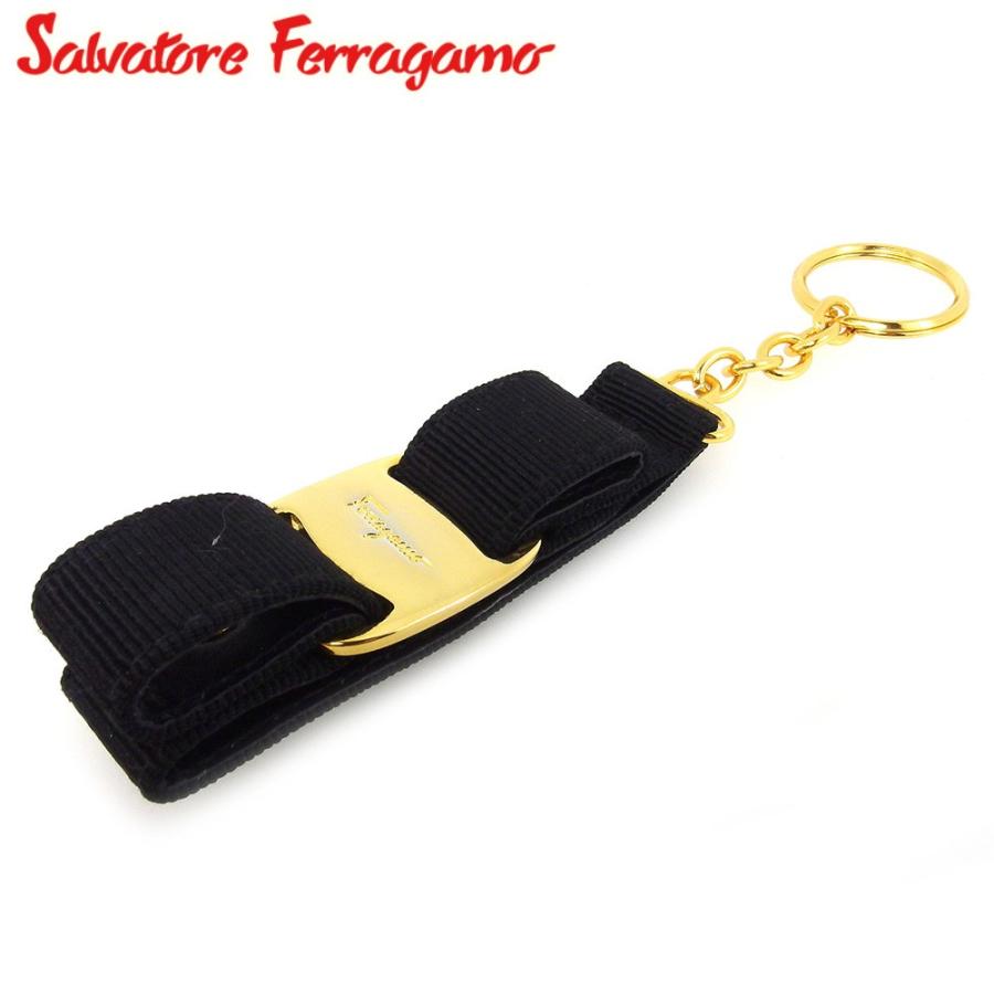 【週末タイムSALE★30％OFF】サルヴァトーレ フェラガモ キーホルダー キーリング レディース ヴァラリボン ブラック ゴールド 中古