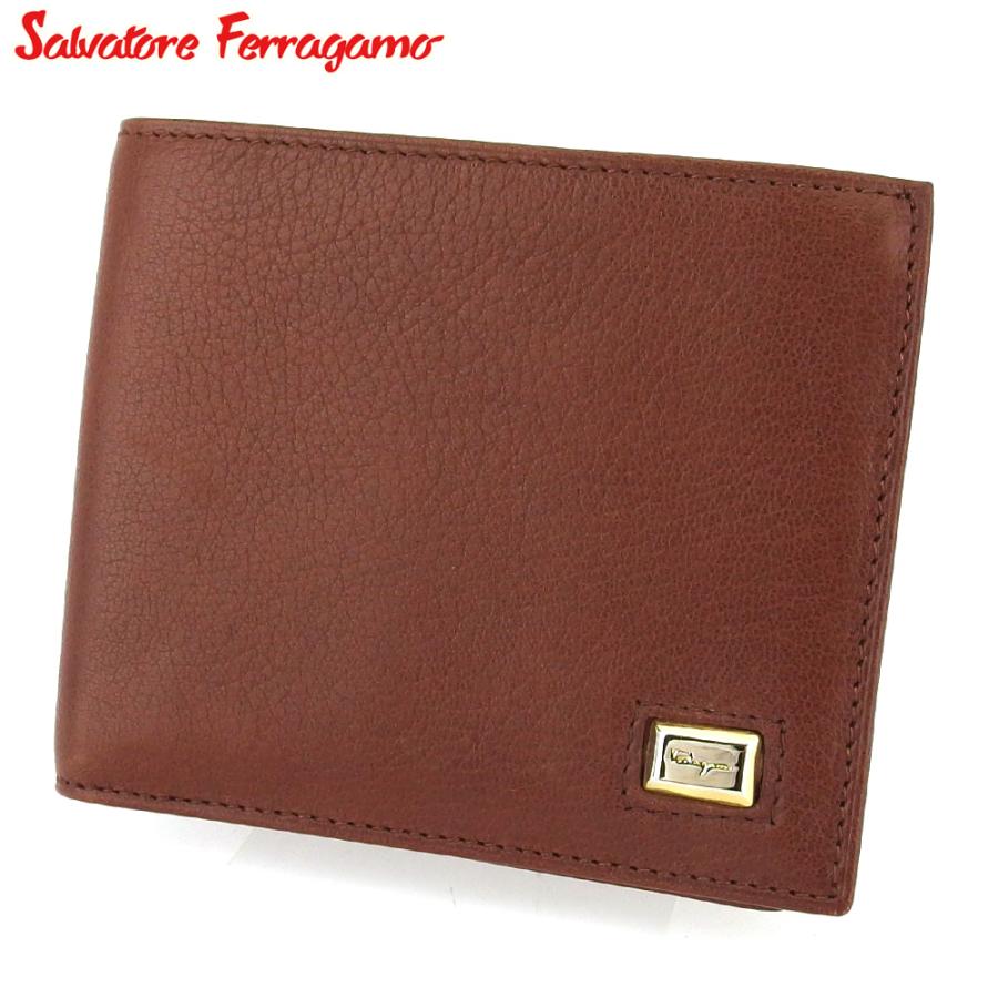【GWタイムSALE★30％OFF】サルヴァトーレ フェラガモ 二つ折り 札入れ ミニ札入れ メンズ ロゴプレート ブラウン シルバー ゴールド 中古