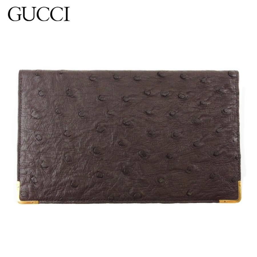 【GWタイムSALE★30％OFF】グッチ 長札入れ 札入れ レディース メンズ オールドグッチ オーストリッチ ブラウン ゴールド 中古