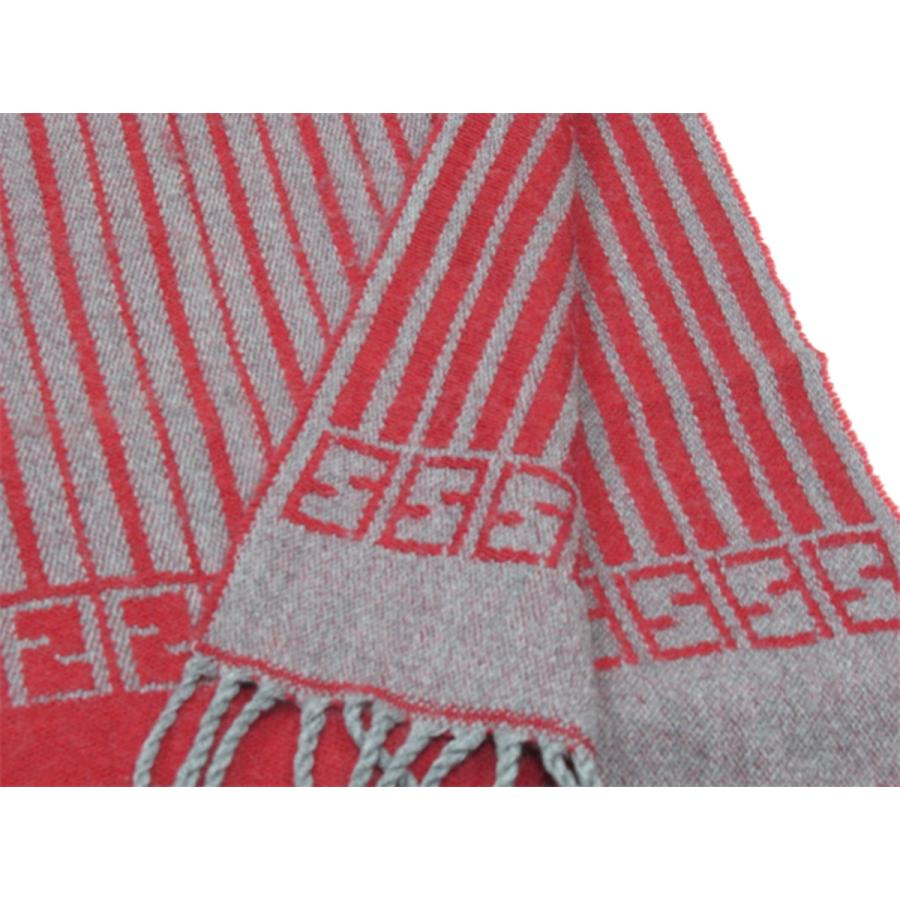 【X'masセール★30%OFF】フェンディ FENDI マフラーストライプ FF柄入り グレー 灰色 レッド レディース 中古 FENDI（フェンディ） 【X'masセール☆30%OFFクーポン】フェンディ