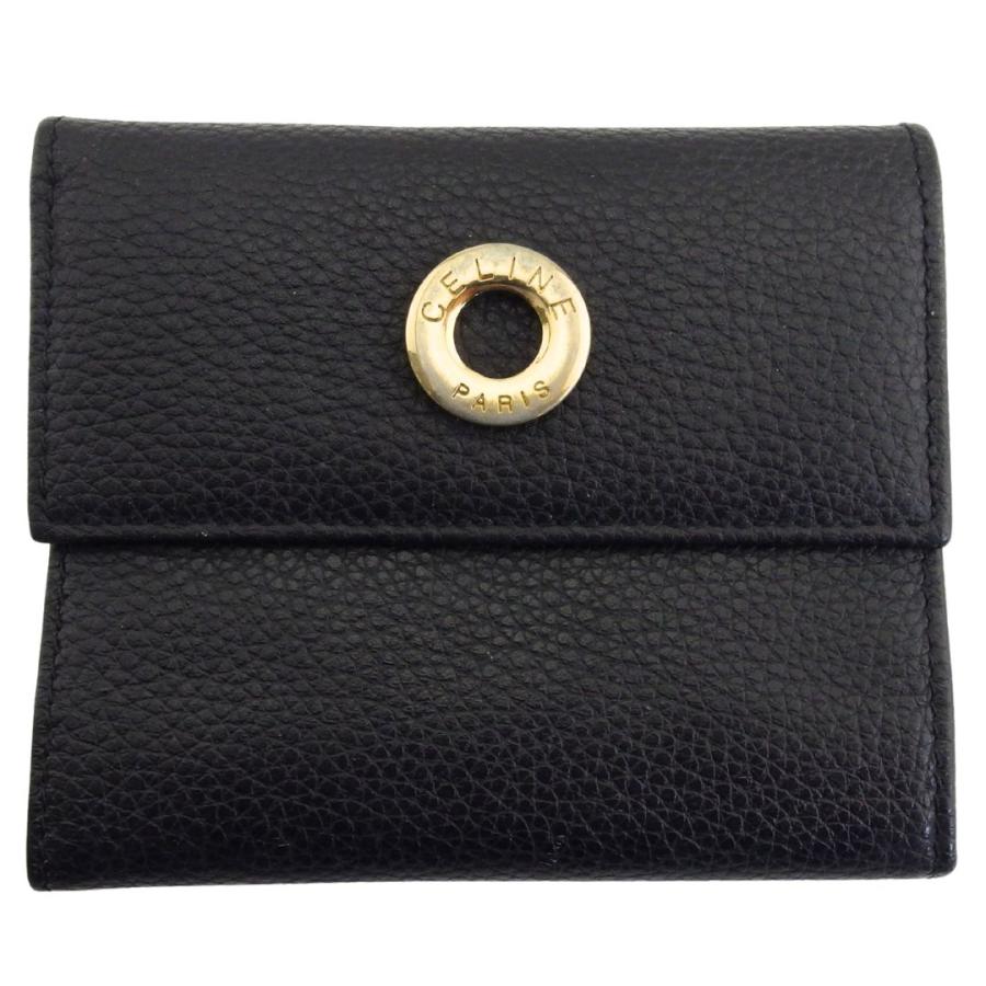 美品 セリーヌ 三つ折り財布 ロゴ カタオシレザー ユニセックス ブラック オールブラック☆】CELINE スモール フラップウォレット (CELINE