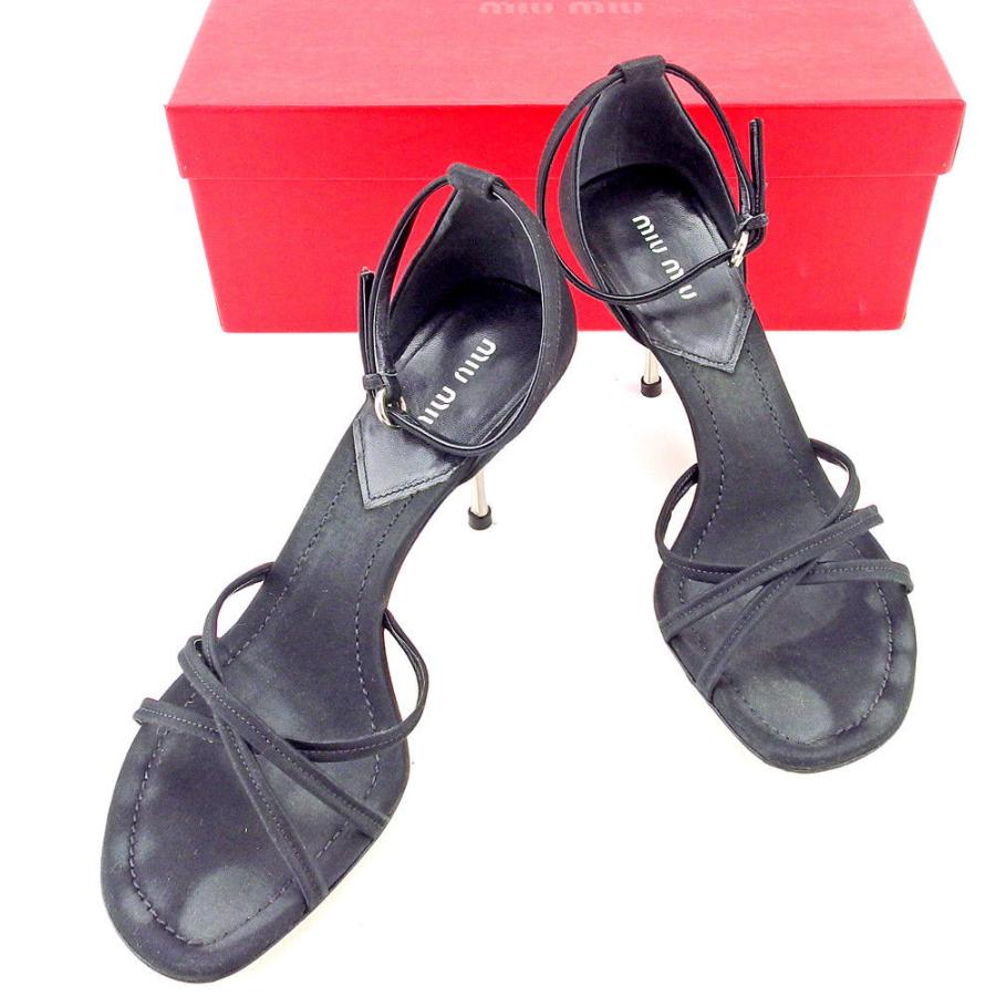 【BIGお買い物ラリー★30%OFFセール中】ミュウミュウ MIUMIU サンダルクロスデザイン ♯38 アンクルストラップ ブラック シルバー レディース 中古 ミュウミュウ サンダル シューズ 靴 レディース ♯38 アンクル