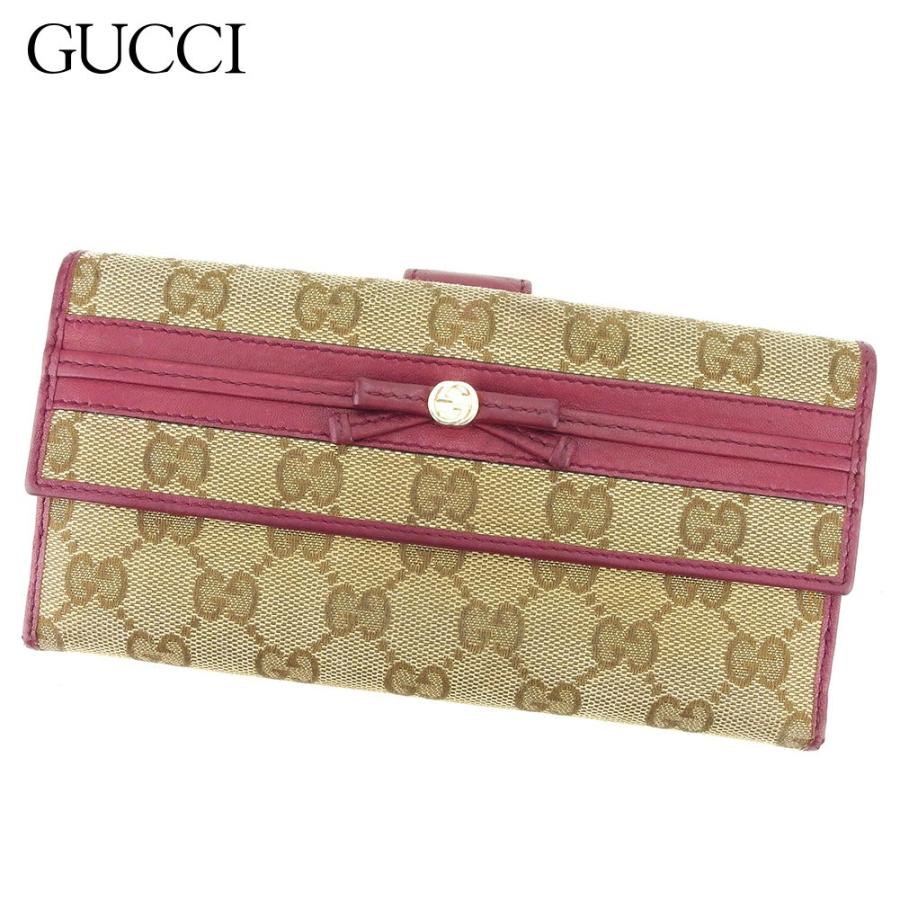 GUCCI グッチ 長財布 Wホック レディース GG柄 パープル ベージュ 中古 