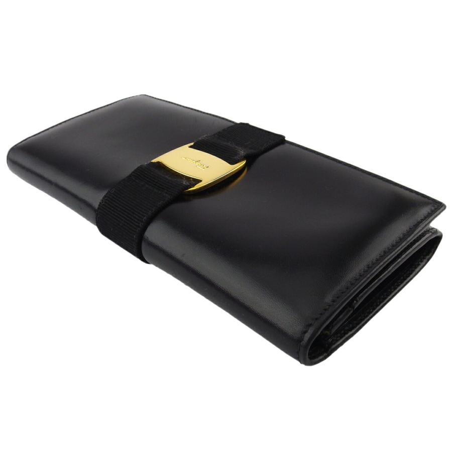 【美品】サルヴァトーレフェラガモ　ブラックリボン　長財布　二つ折り　レザー 美品Salvatore Ferragamo サルヴァトーレ フェラガモ ヴァラ 2つ折 長