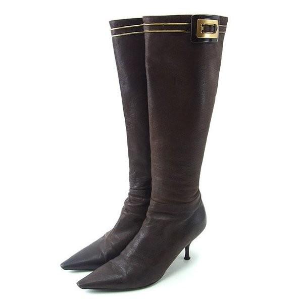 プラダ Prada ブーツ ロゴベルト付き 36.5 ダークブラウン ゴールド 