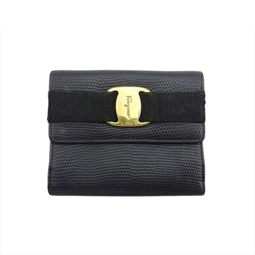 【BIGお買い物ラリー★30%OFFセール中】サルヴァトーレフェラガモ Salvatore Ferragamo 札入れリザード調 ブラック ゴールド レディース 中古 年末ラストセール☆30%OFFクーポン】サルヴァトーレフェラガモ