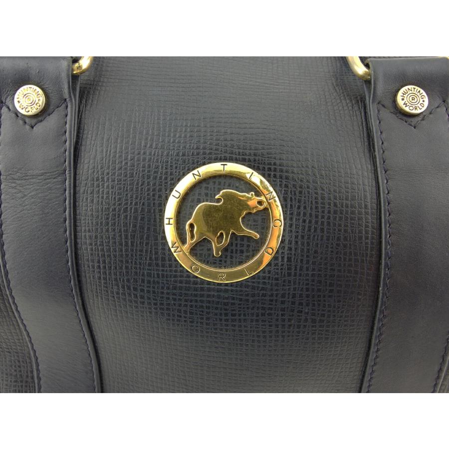 ハンティングワールド HUNTING WORLD ボストンバッグ ロゴプレート エレファントマーク ネイビー ゴールド レディース 中古_4