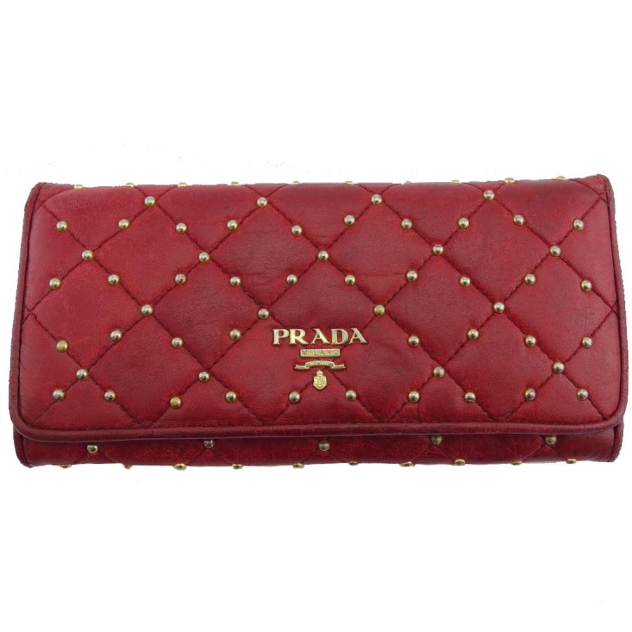 PRADA♡希少 赤スタッズ長財布 PRADA（プラダ） 長財布 ロゴ キルティング スタッズ レッド ベージュ