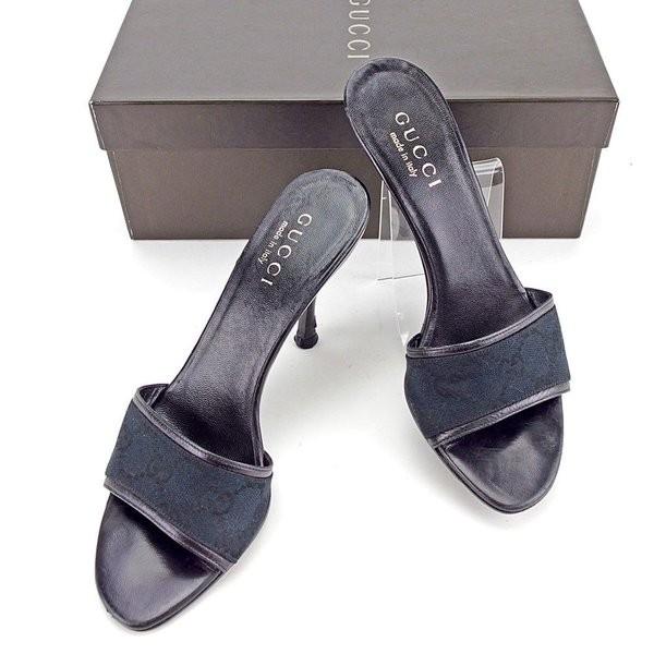 グッチ ミュール サンダル シューズ 靴 レディース ♯35C ピンヒール GGキャンバス ブラック 中古