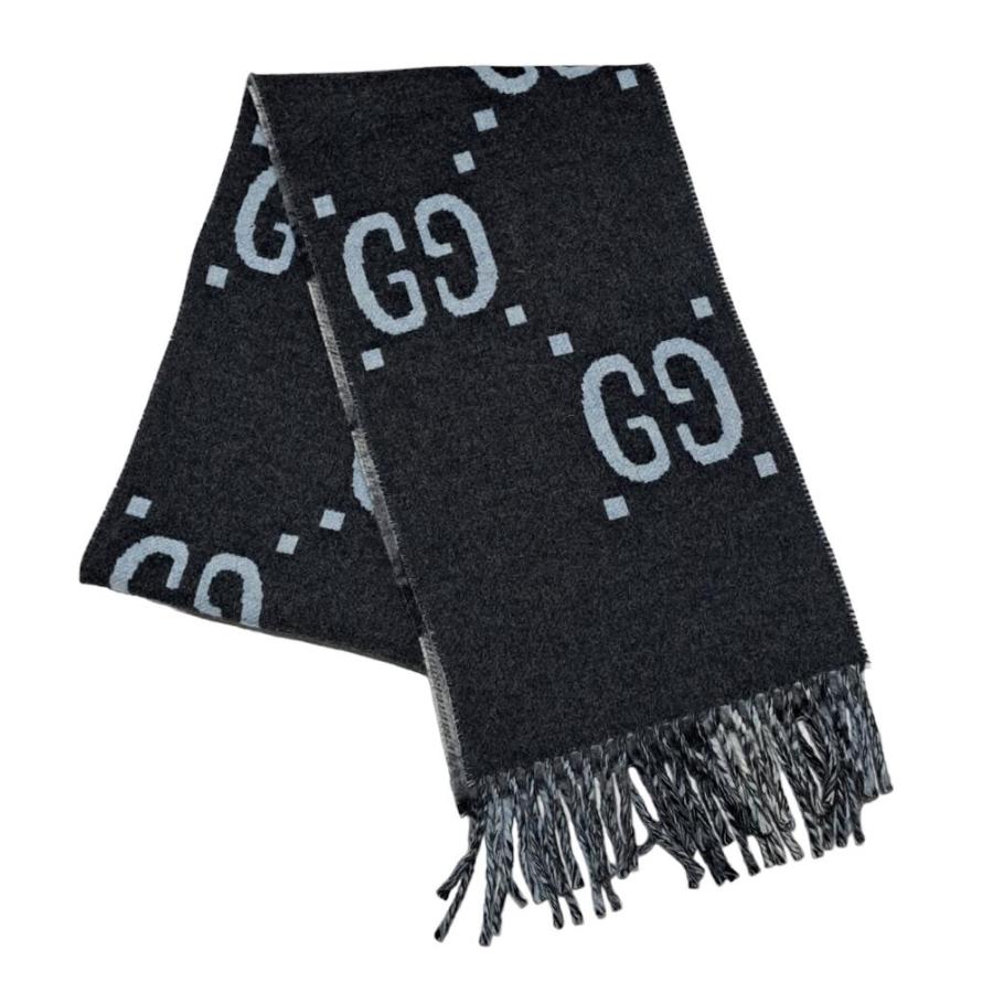 新品同様 グッチ マフラー リバーシブル チェック グレー ブルー GG  