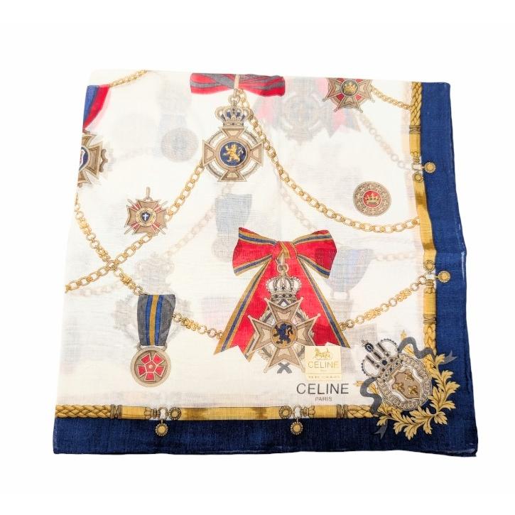 CELINE（セリーヌ） 未使用 ハンカチ 紋章クレスト ネイビー ホワイト
