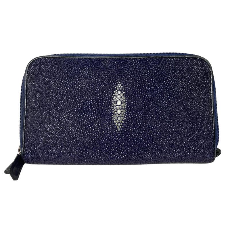 新品同様 スティングレイ 長財布 エイ革 ネイビー ラウンドファスナー  