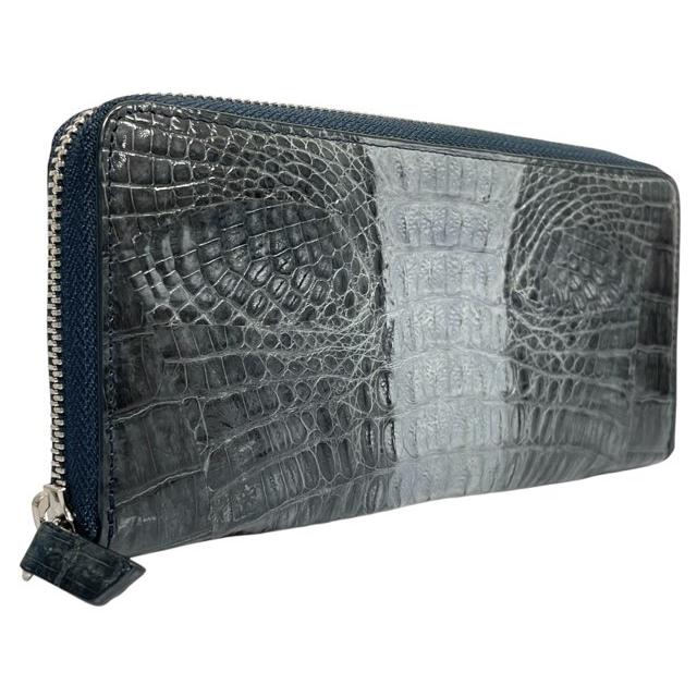 ノーブランド ワニ革 本革 レザー 鰐革 ラウンドファスナー 長財布 グレー ジップアラウンド ジッピー メンズ　サイフ　【中古】 ノーブランド ワニ革 本革 レザー 鰐革 ラウンドファスナー 長財布