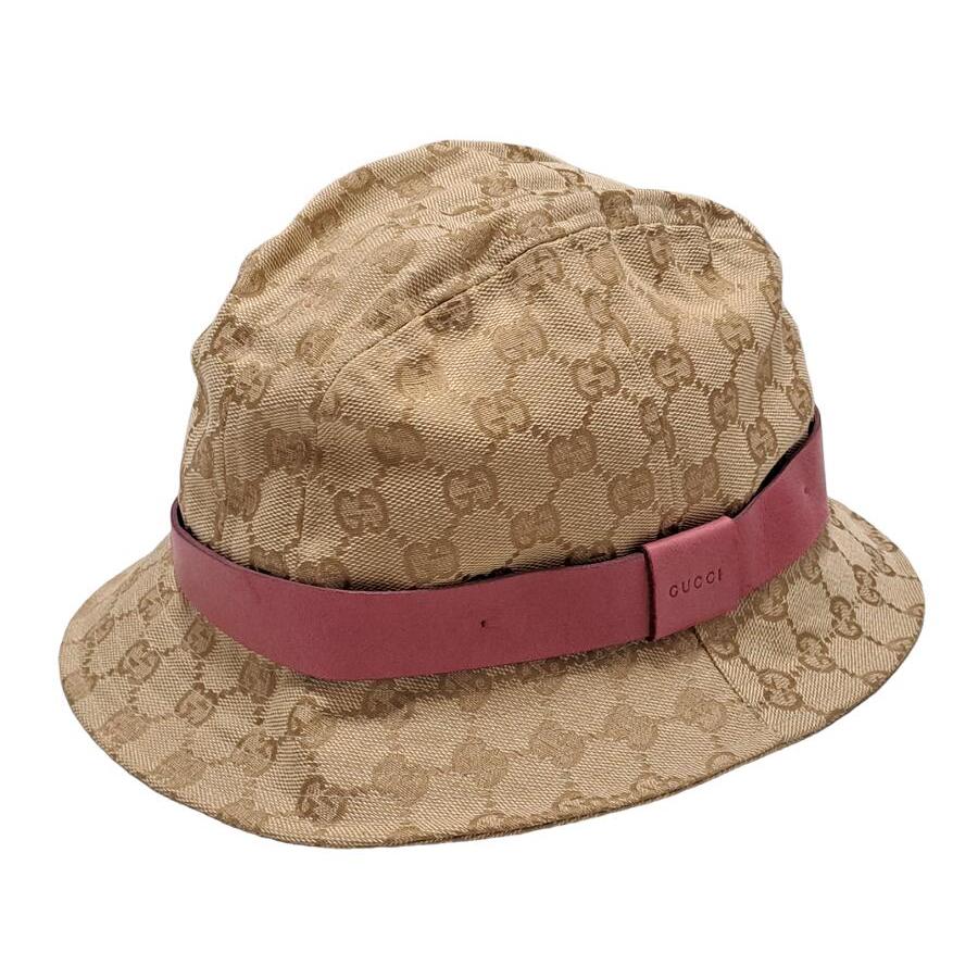 グッチ 帽子 GGキャンバス ハット レザー ＃L ベージュ×ピンク GG柄 
