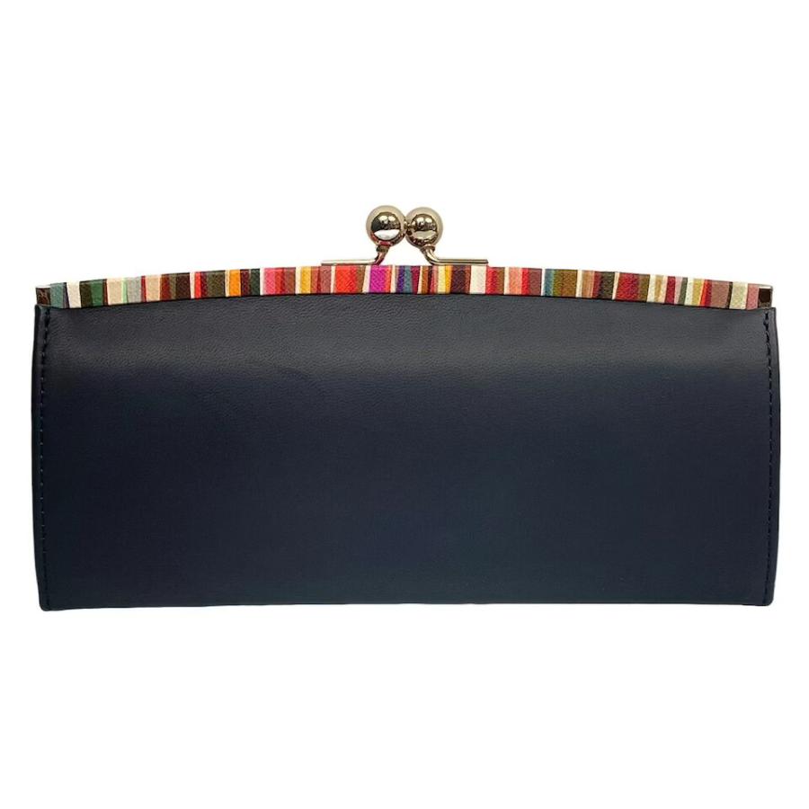新品箱付き【ポールスミス】ストライプ柄レザートリム 口金 がま口長財布 黒 Paul Smith（ポール・スミス） 未使用 長財布 がま口 レザー ネイビー