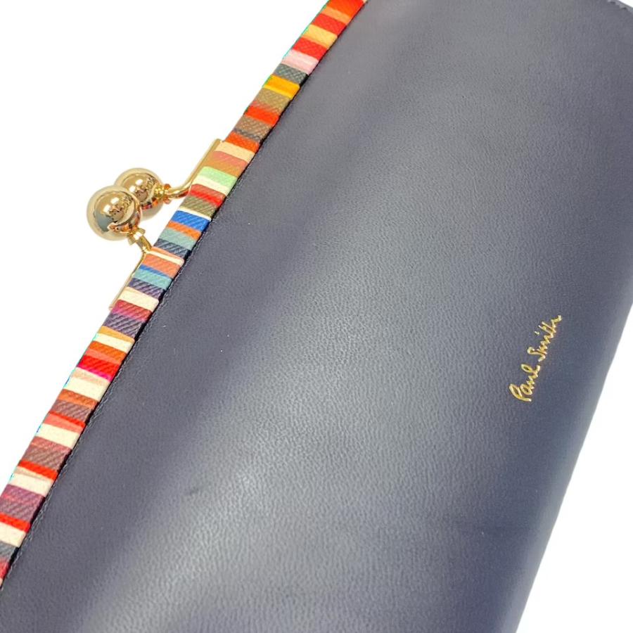 新品箱付き【ポールスミス】ストライプ柄レザートリム 口金 がま口長財布 黒 Paul Smith（ポール・スミス） 未使用 長財布 がま口 レザー ネイビー