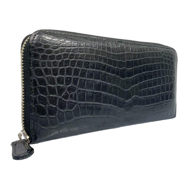 クロコダイル 長財布 センター取り レザー マット ブラック ラウンド
