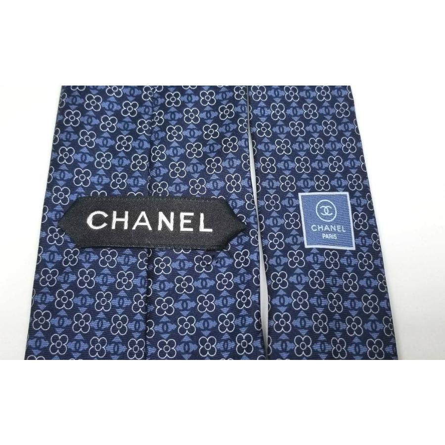 CHANEL 美品 シャネル ネクタイ ブルー ネイビー シルク 100％ 花柄  