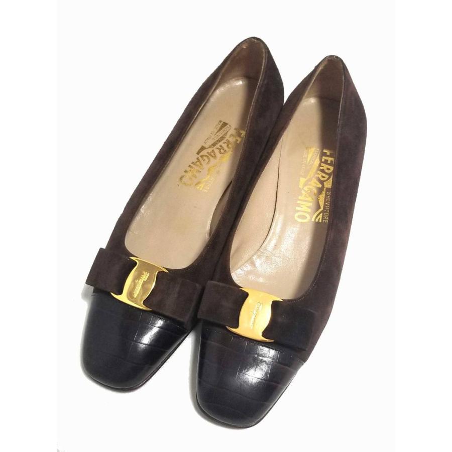 フェラガモ ヴァラ パンプス 6 D リボン スエード ブラウン Ferragamo 