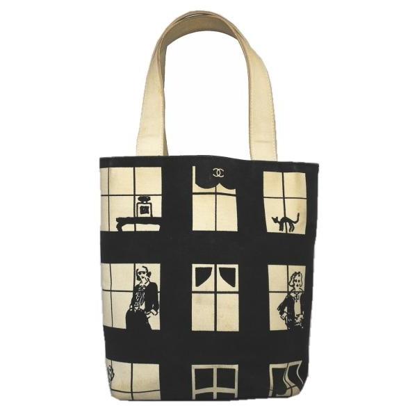 CHANEL 訳あり シャネル トートバッグ ウィンドウ キャンバス 白 黒  