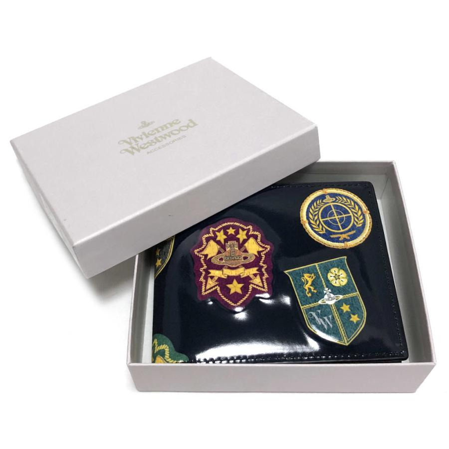 新品同様 ヴィヴィアンウエストウッド 財布 二つ折り財布 メンズ レディース オーブ エンブレム ネイビー 紺 ワッペン 紋章 VWK350 Vivie Vivienne Westwood（ヴィヴィアンウエストウッド） ほぼ新品 未使用