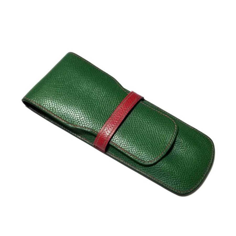 HERMES 美品 エルメス ペンケース 型押し レザー グリーン バイカラー 