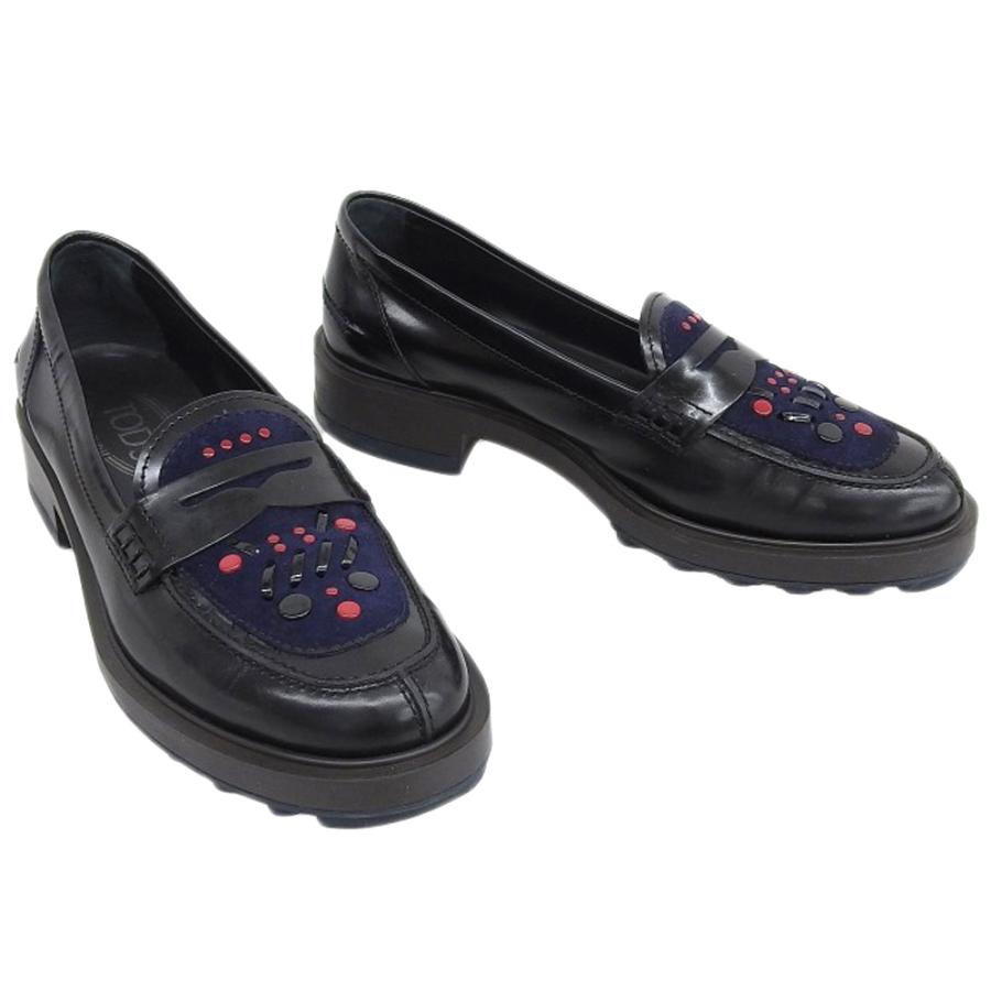 美品 トッズ TOD'S 現行シルバータグ レザー×フェルト ドット柄