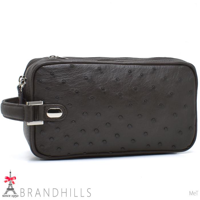 オーストリッチ セカンドバッグ メンズ ブラウン Wファスナー コンパクト 紳士用 新品 オーストリッチ セカンドバッグ メンズ ブラウン Wファスナー