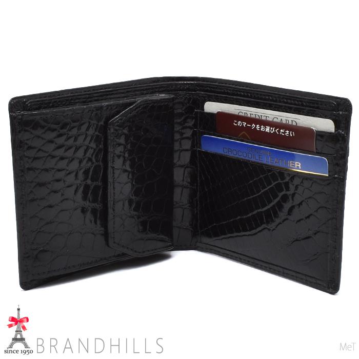 クロコダイル 財布 二つ折り メンズ シャイニング加工 ブラック 一枚革