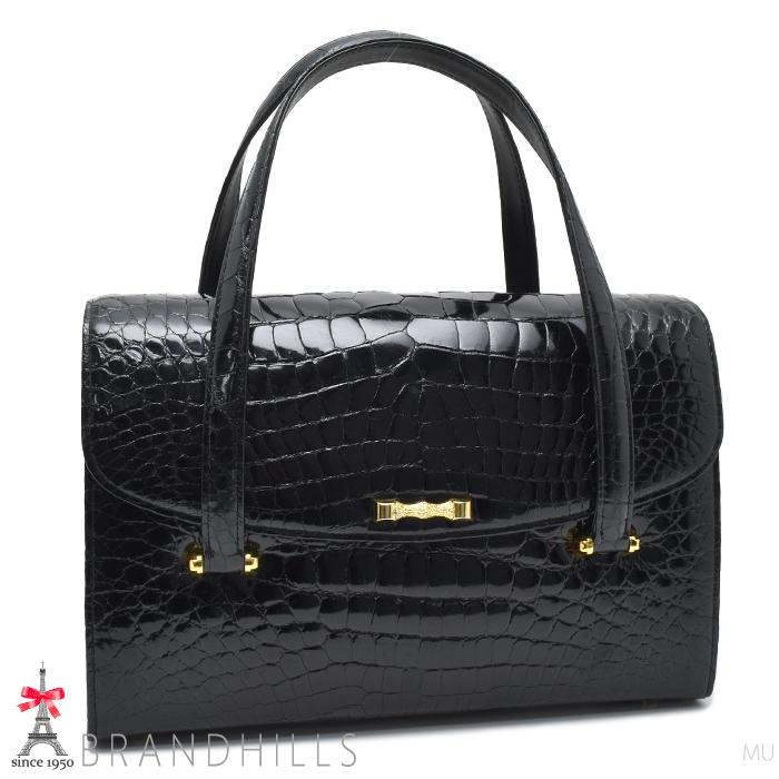 クロコダイル ハンドバッグ レディース ブラック シャイニング ダブルハンドル 良品 【中古】 クロコダイル ハンドバッグ レディース ブラック シャイニング ダブル
