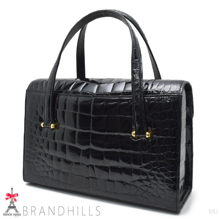 クロコダイル ハンドバッグ レディース ブラック シャイニング ダブル