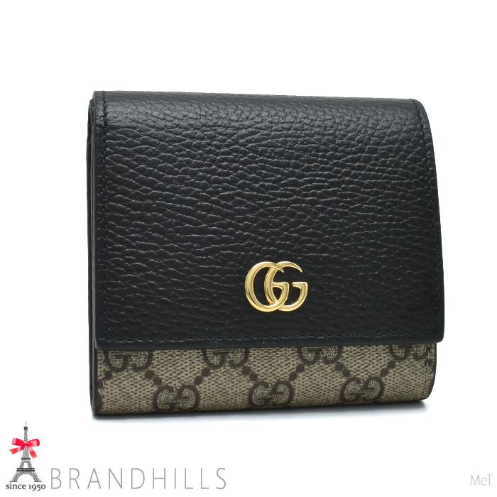 GUCCI(グッチ) 2つ折り財布 GGマーモント/GGプラス・GGスプリーム 598587 黒×ベージュ×カーキ レザー GUCCI（グッチ） 財布 二つ折り レディース GGマーモント スプリーム