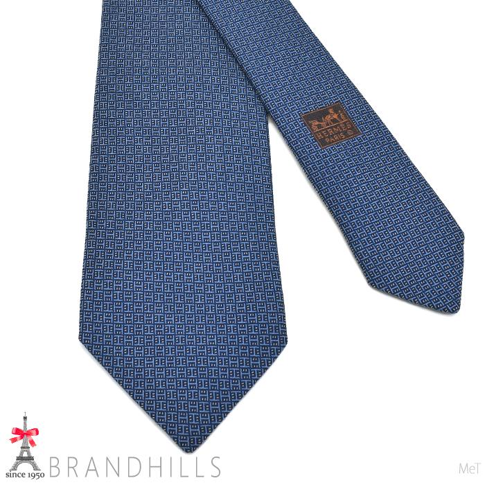 HERMES（エルメス） ネクタイ Hロゴ シルク100％ ブルー 剣先幅8cm
