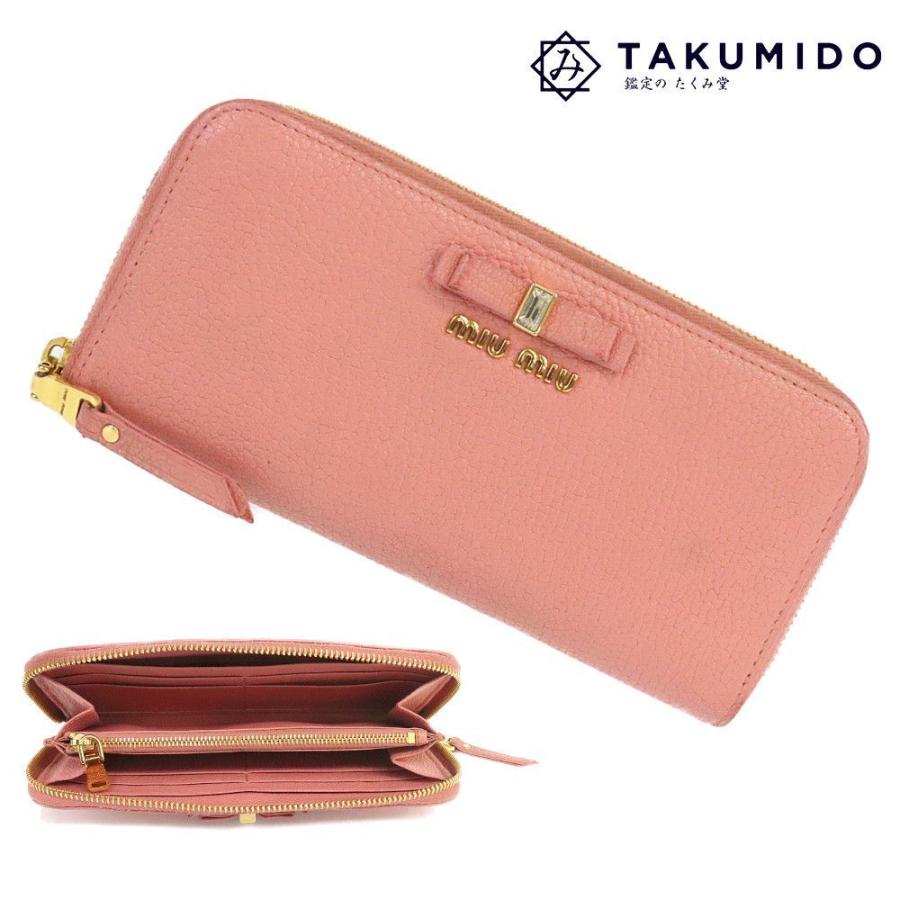 ミュウミュウ MIUMIU ラウンドファスナー長財布 ピンク リボン レザー