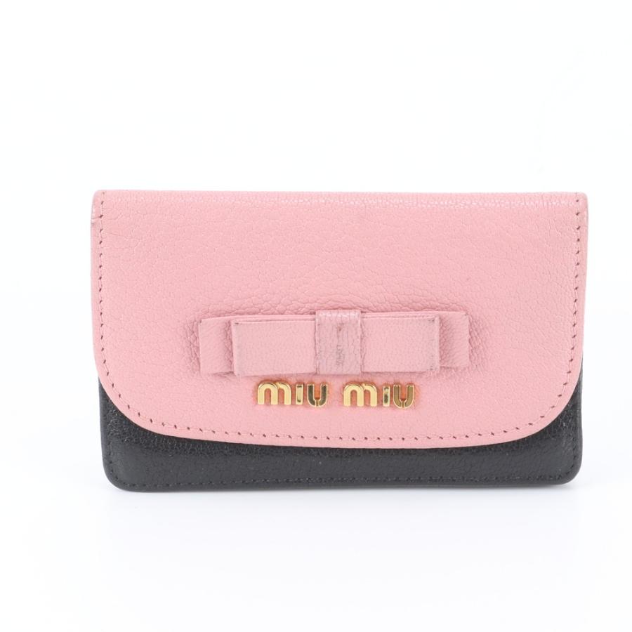 miumiu ピンクベージュ ケース リボン 美品 ミュウミュウ リボン モチーフ レザー カードケース 名刺入れ 二
