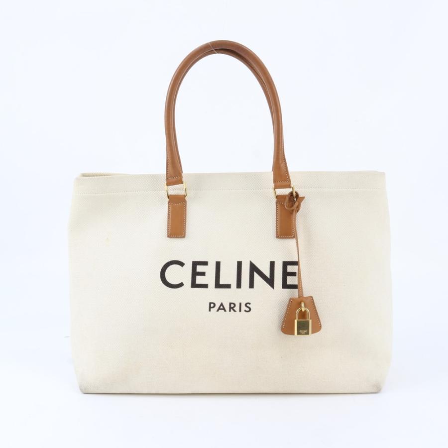 美品 セリーヌ ホリゾンタル・カバ レザー×キャンバス トート バッグ 