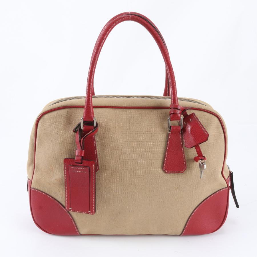 美品 プラダ ミニ ボストン レザー キャンバス トート バッグ 肩掛け