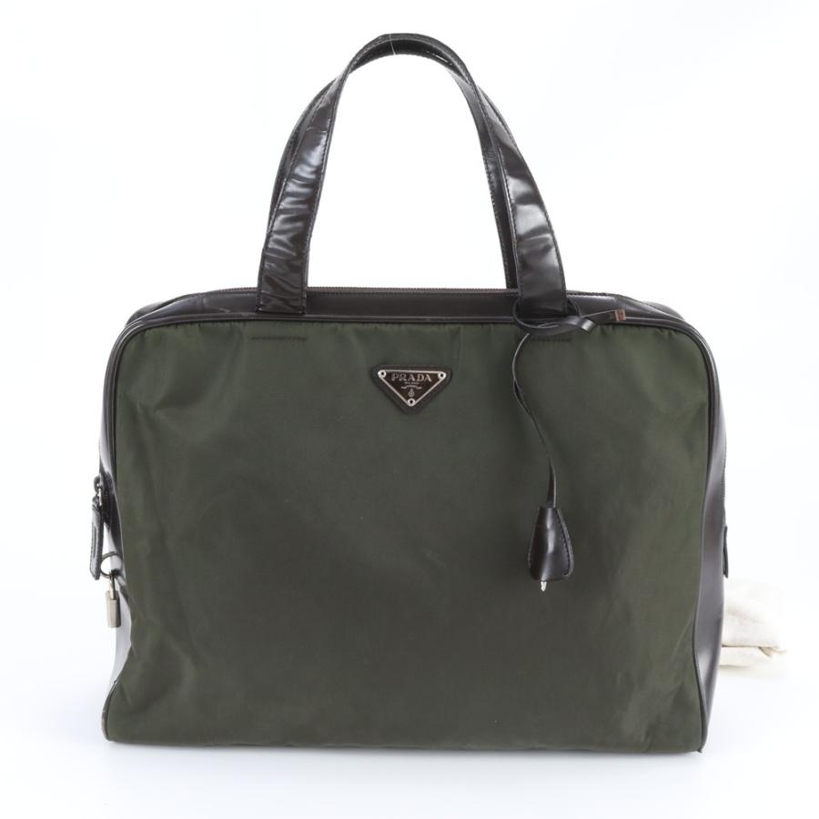 PRADA プラダ テスートナイロン トリム ボストン トラベルバッグ 旅行かばん トート ハンド カーキ 深緑 チャコールグレー 本革 レザー トライアングル 三角ロゴプレート 美品 プラダ テスート ナイロン トライアングルロゴ カーキ レザー
