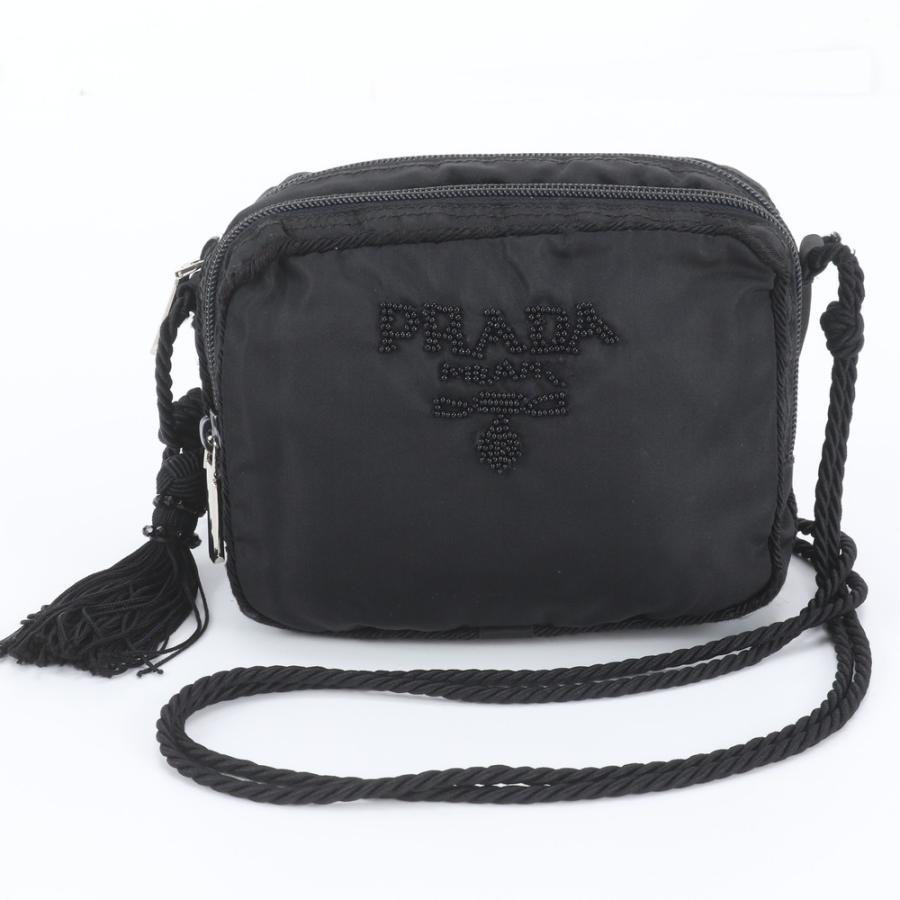 PRADA ハンドバッグ　テスート　ナイロン　ビーズ　タッセル　ブラック　白タグ 美品 プラダ 白タグあり テスート ナイロン ロゴ ビーズ 刺繍