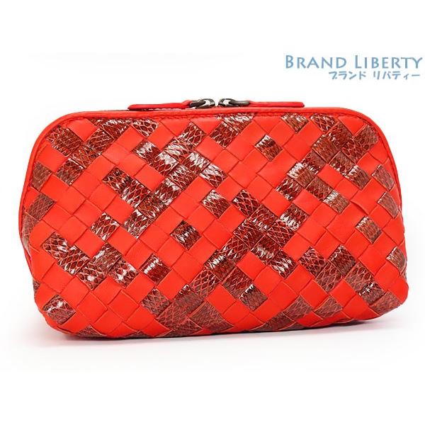 未使用 ボッテガ ヴェネタ イントレチャート ナッパ アイヤーズ ミディアム コスメティックケース ポーチ レッド系 ラムレザー パイソン 132534