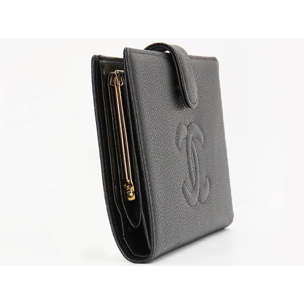 外超美品 シャネル CHANEL ヴィンテージ ココマーク キャビアスキン 二つ折り長財布 がま口財布 ブラック グレインドカーフスキン A13498の画像