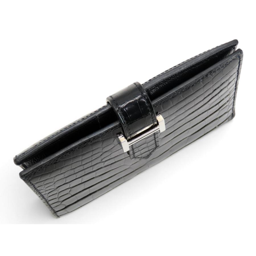 美品 エルメス HERMES ベアンコンパクト アリゲーターシャイニー 二つ折り財布 コンパクト財布 クロコダイル ブラック シルバー金具 アリゲーターレザー Y刻 HERMES（エルメス） 美品 ベアンコンパクト アリゲーターシャイニー 二