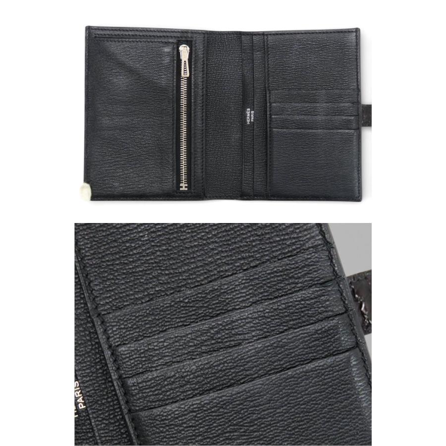美品 エルメス HERMES ベアンコンパクト アリゲーターシャイニー 二つ折り財布 コンパクト財布 クロコダイル ブラック シルバー金具 アリゲーターレザー Y刻 HERMES（エルメス） 美品 ベアンコンパクト アリゲーターシャイニー 二