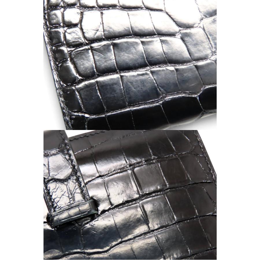 美品 エルメス HERMES ベアンコンパクト アリゲーターシャイニー 二つ折り財布 コンパクト財布 クロコダイル ブラック シルバー金具 アリゲーターレザー Y刻 HERMES（エルメス） 美品 ベアンコンパクト アリゲーターシャイニー 二