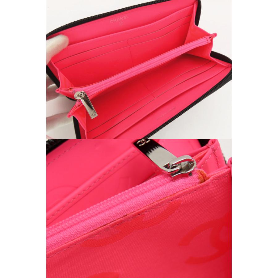 超美品 シャネル CHANEL カンボンライン ココマーク ラウンドファスナー長財布 ブラック エナメル ピンク カーフスキン A50078の画像