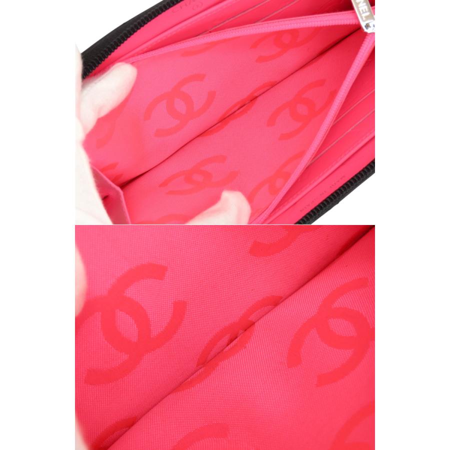 超美品 シャネル CHANEL カンボンライン ココマーク ラウンドファスナー長財布 ブラック エナメル ピンク カーフスキン A50078の画像